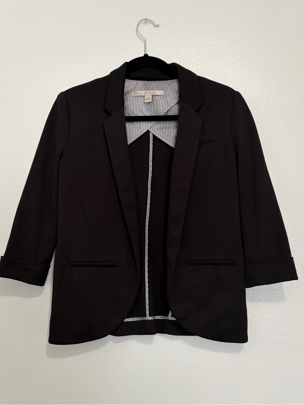 LC Lauren Conrad Women's 2 Black Open Front Blazer Striped Lining 3/4 Sleeve